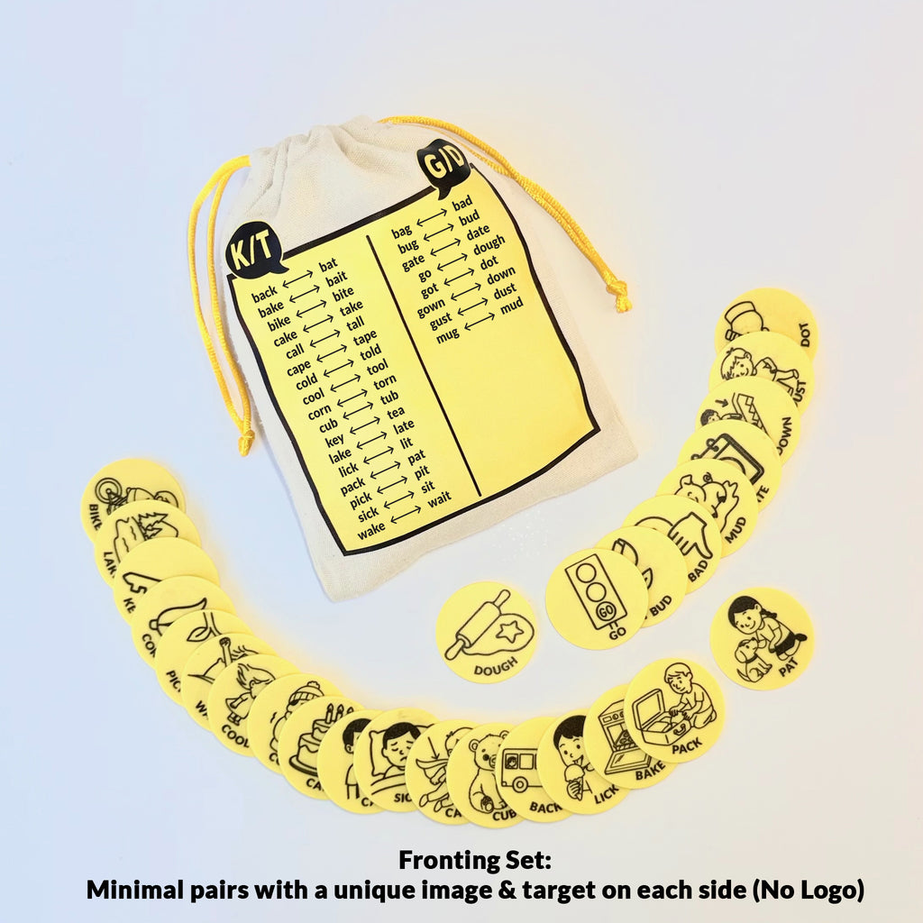 Back of the yellow Fronting Lingua Tokens Product Pouch with the K/T and G/D word targets listed & 25 Fronting Tokens fanned out with the image side up. Minimal Pairs with unique image and target word on each side -no logo