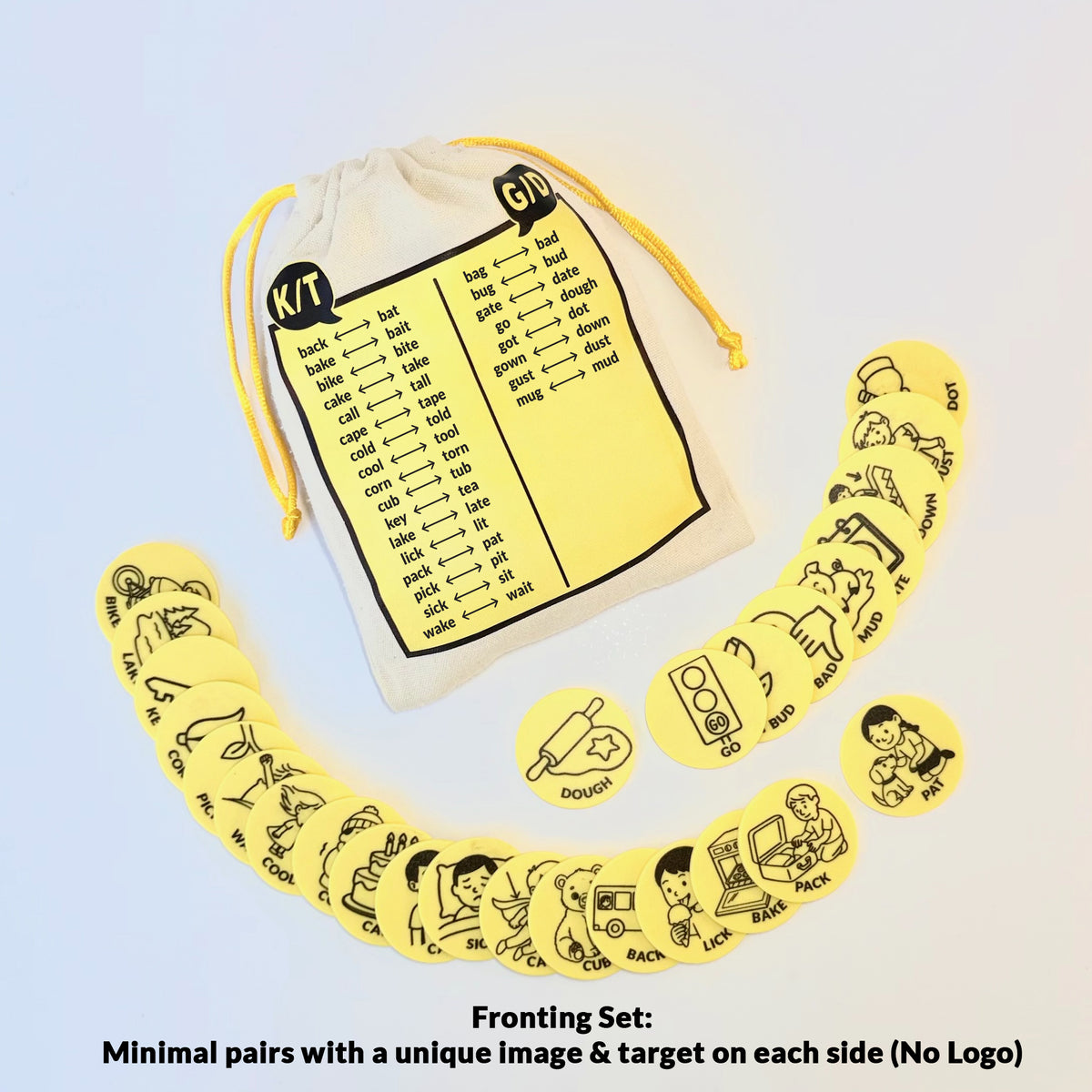 Back of the yellow Fronting Lingua Tokens Product Pouch with the K/T and G/D word targets listed & 25 Fronting Tokens fanned out with the image side up. Minimal Pairs with unique image and target word on each side -no logo