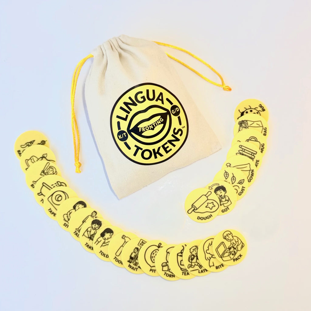 Front of the yellow Fronting Lingua Tokens Product Pouch & 25 Fronting Tokens fanned out with the image side up & a stack of the duplicates with logo side up.