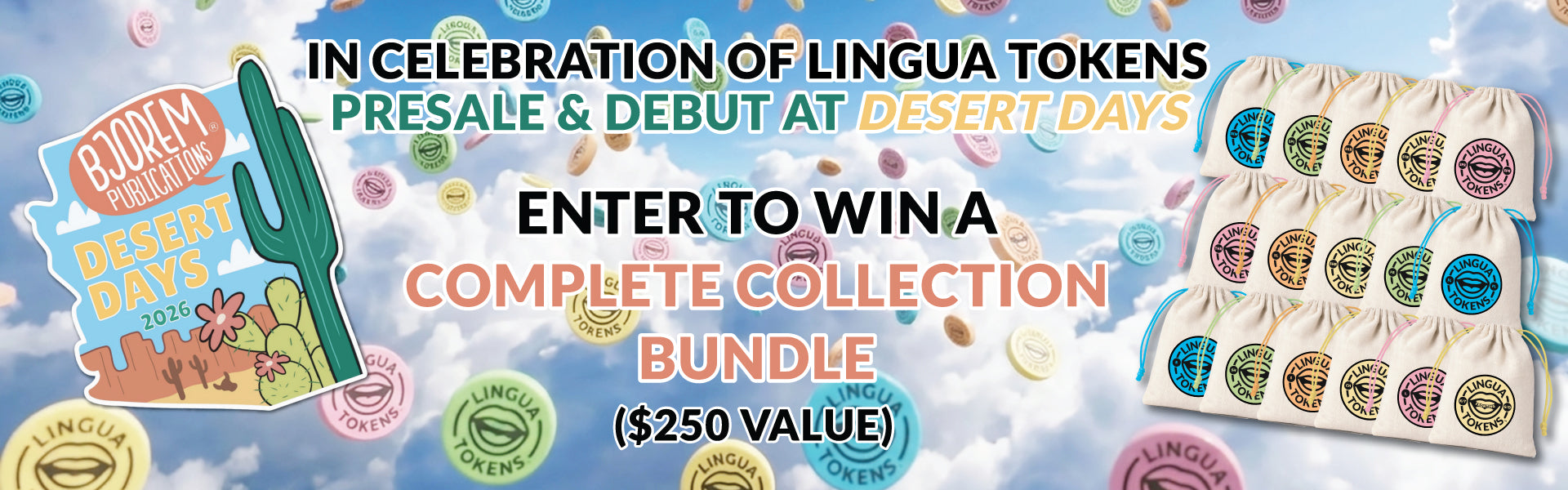 Promotional banner for Lingua Tokens presale and debut at Desert Days event, with a complete collection bundle offer.
