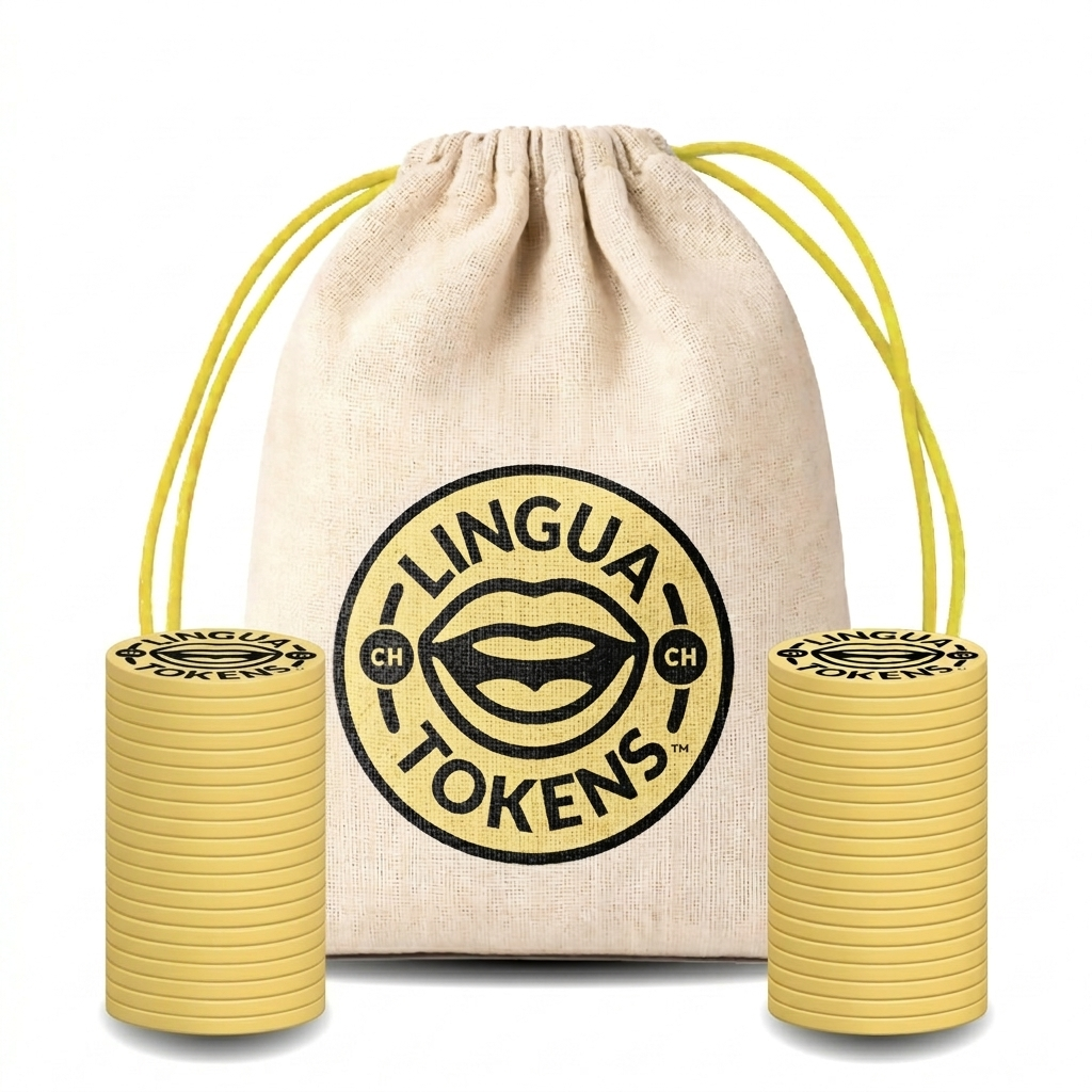 Lingua Tokens CH phoneme matching set 2 stacks of 3mm thick yellow tokens - muslin bag with a yellow drawstring featuring the yellow Lingua Tokens circle seal CH logo on a white background.