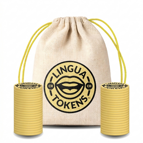 Lingua Tokens CH phoneme matching set 2 stacks of 3mm thick yellow tokens - muslin bag with a yellow drawstring featuring the yellow Lingua Tokens circle seal CH logo on a white background.