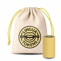 Lingua Tokens CH phoneme single set 1 stack of 3mm thick yellow tokens - muslin bag with a yellow drawstring featuring a yellow Lingua Tokens CH circle seal on a white background.