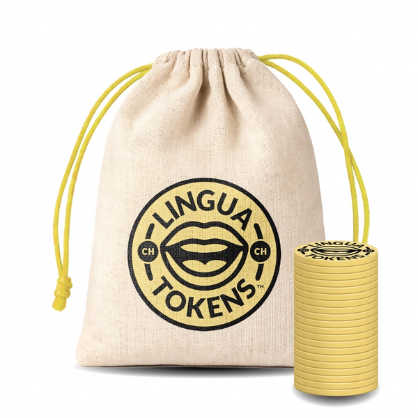 Lingua Tokens CH phoneme single set 1 stack of 3mm thick yellow tokens - muslin bag with a yellow drawstring featuring a yellow Lingua Tokens CH circle seal on a white background.