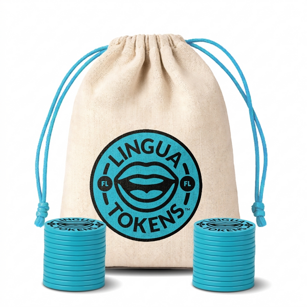Lingua Tokens FL phoneme matching set 2 stacks of 3mm thick blue tokens - muslin bag with a blue drawstring featuring a bule Lingua Tokens FL circle seal on a white background.