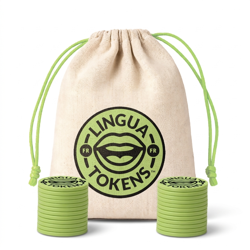 Lingua Tokens FR phoneme matching set 2 stacks of 3mm thick green tokens - muslin bag with a green drawstring featuring a green Lingua Tokens FR circle seal on a white background.