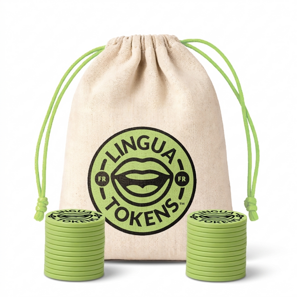 Lingua Tokens FR phoneme matching set 2 stacks of 3mm thick green tokens - muslin bag with a green drawstring featuring a green Lingua Tokens FR circle seal on a white background.