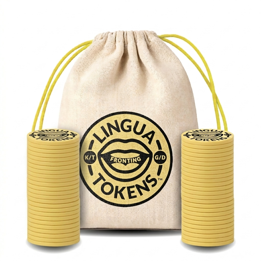 Lingua Tokens FRONTING (k/t/g/d) phoneme matching set 2 stacks of 3mm thick yellow tokens - muslin bag with a yellow drawstring featuring a yellow Lingua Tokens L circle seal on a white background.