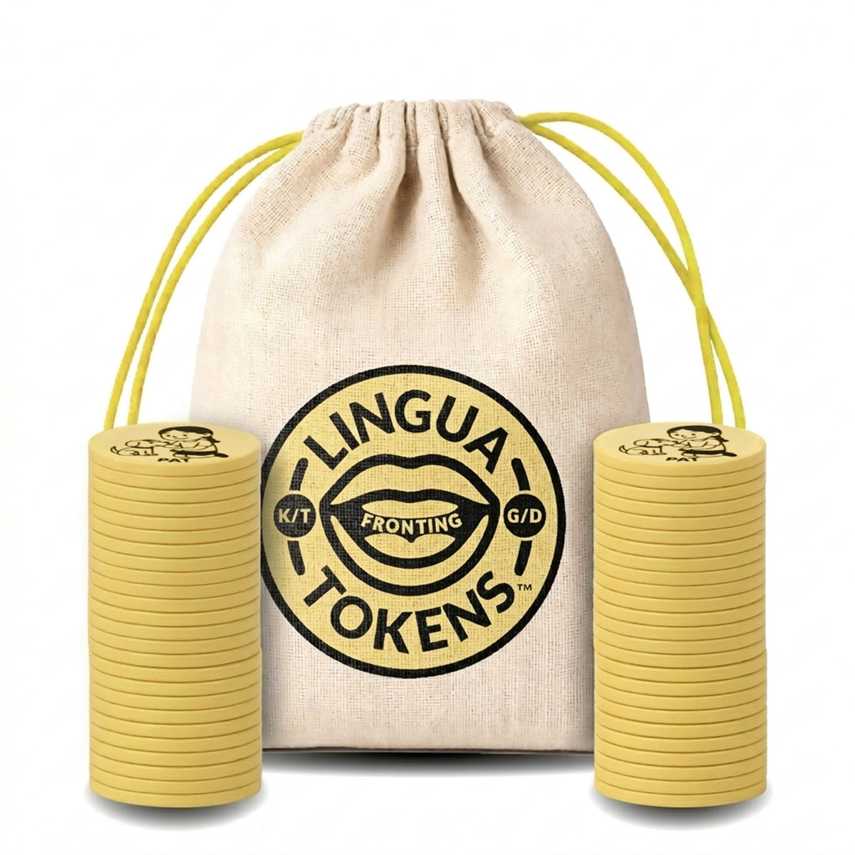 Lingua Tokens FRONTING phoneme matching set 2 stacks of 3mm thick yellow tokens - muslin bag with a yellow drawstring featuring a yellow Lingua Tokens FRONTING circle seal on a white background.
