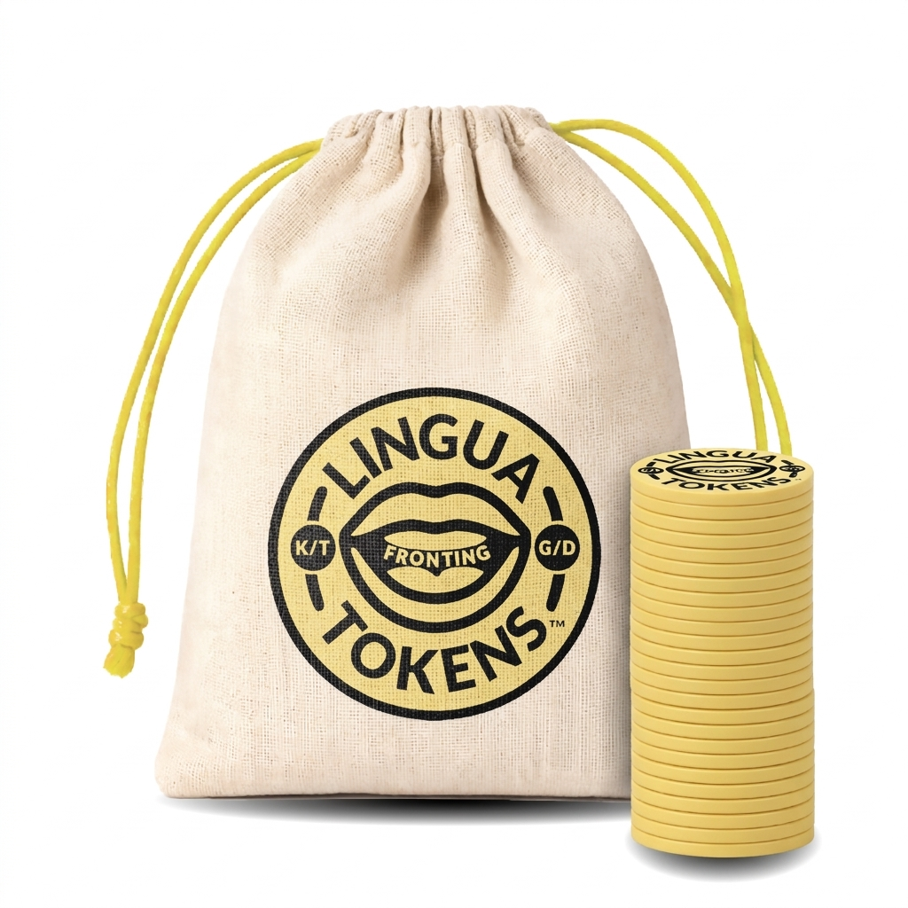 Lingua Tokens FRONTING phoneme single set 1 stack of 3mm thick yellow tokens - muslin bag with a yellow drawstring featuring a yellow Lingua Tokens FRONTING circle seal on a white background.