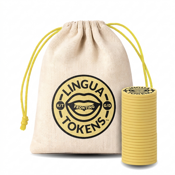 Lingua Tokens FRONTING phoneme single set 1 stack of 3mm thick yellow tokens - muslin bag with a yellow drawstring featuring a yellow Lingua Tokens FRONTING circle seal on a white background.