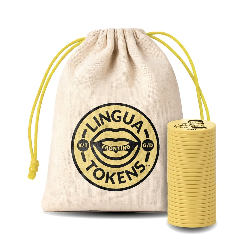 Lingua Tokens FRONTING phoneme single set 1 stack of 3mm thick yellow tokens - muslin bag with a yellow drawstring featuring a yellow Lingua Tokens FRONTING circle seal on a white background.