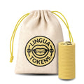 Lingua Tokens FRONTING phoneme single set 1 stack of 3mm thick yellow tokens - muslin bag with a yellow drawstring featuring a yellow Lingua Tokens FRONTING circle seal on a white background.