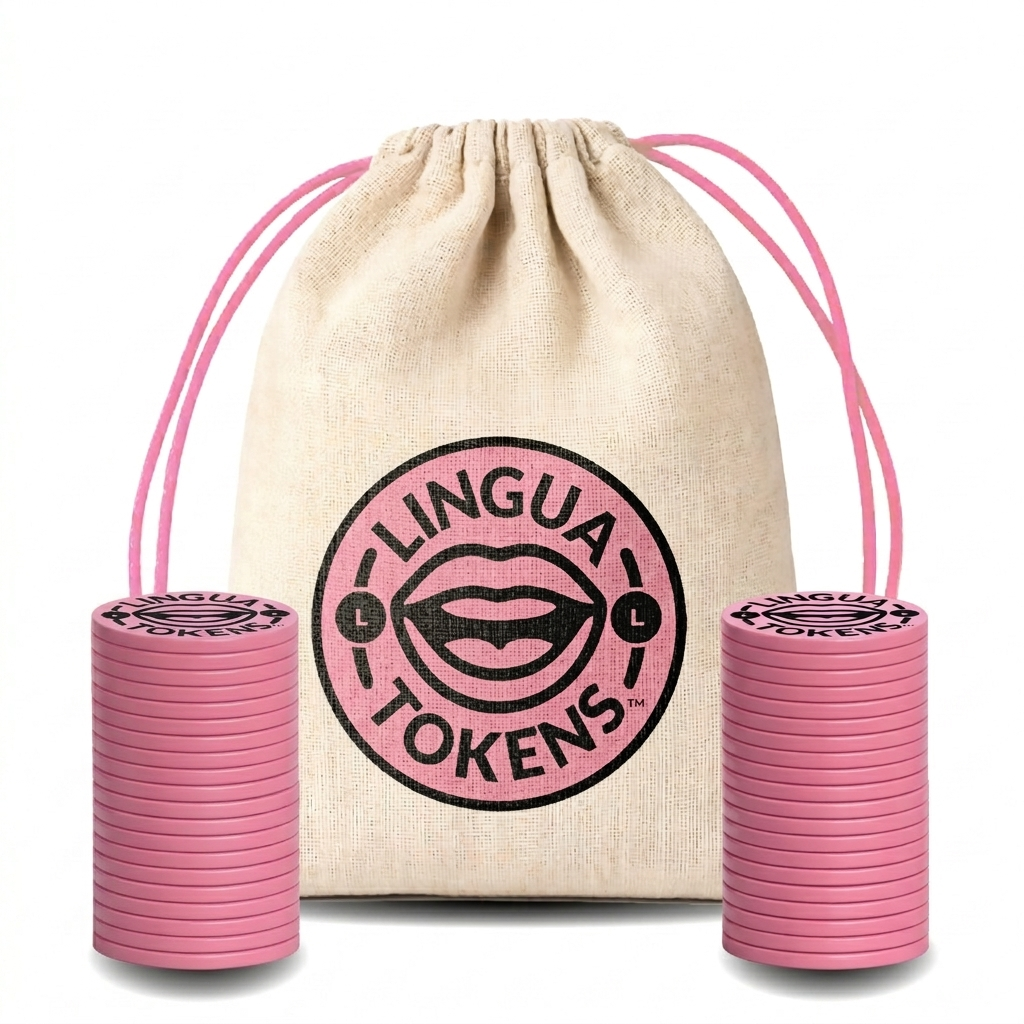 Lingua Tokens L phoneme matching set 2 stacks of 3mm thick pink tokens - muslin bag with a pink drawstring featuring a pink Lingua Tokens L circle seal on a white background.