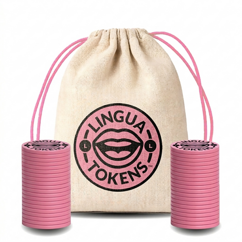 Lingua Tokens L phoneme matching set 2 stacks of 3mm thick pink tokens - muslin bag with a pink drawstring featuring a pink Lingua Tokens L circle seal on a white background.