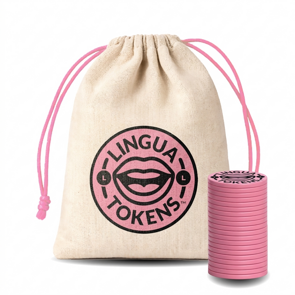 Lingua Tokens L phoneme single set 1 stack of 3mm thick pink tokens - muslin bag with a pink drawstring featuring a pink Lingua Tokens L circle seal on a white background.