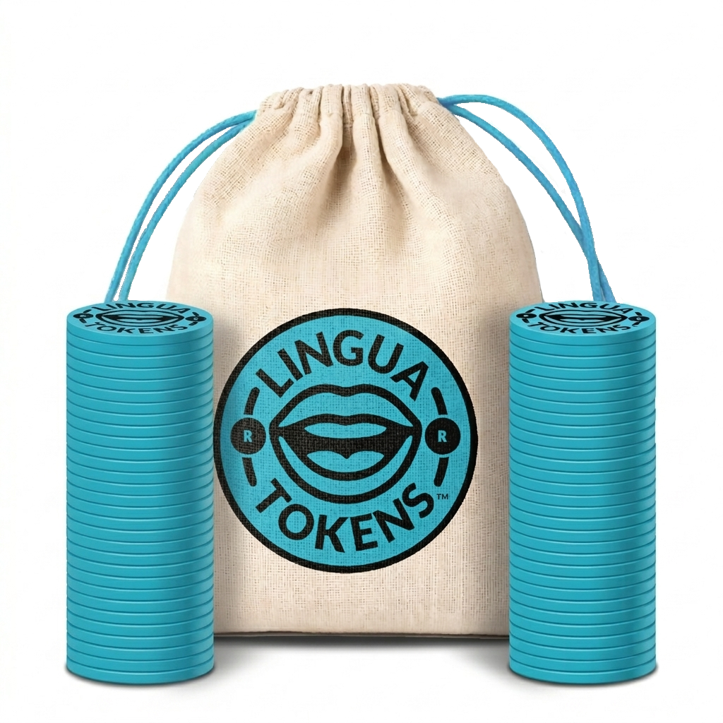Lingua Tokens R phoneme matching set 2 stacks of 3mm thick blue tokens - muslin bag with a blue drawstring featuring a blue Lingua Tokens L circle seal on a white background.