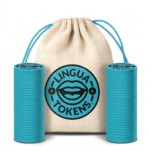 Lingua Tokens R phoneme matching set 2 stacks of 3mm thick blue tokens - muslin bag with a blue drawstring featuring a blue Lingua Tokens L circle seal on a white background.