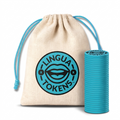 Lingua Tokens R phoneme single set 1 stack of 3mm thick blue tokens - muslin bag with a blue drawstring featuring a blue Lingua Tokens R circle seal on a white background.