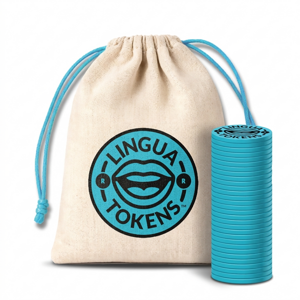 Lingua Tokens R phoneme single set 1 stack of 3mm thick blue tokens - muslin bag with a blue drawstring featuring a blue Lingua Tokens R circle seal on a white background.