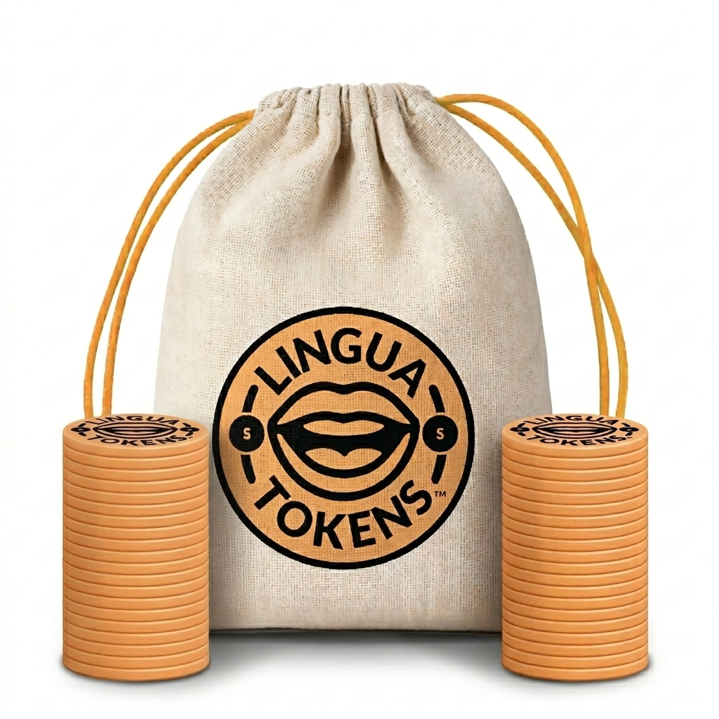 Lingua Tokens S phoneme matching set 2 stacks of 3mm thick orange tokens - cloth bag with a orange drawstring featuring a orange Lingua Tokens S circle seal on a white background.