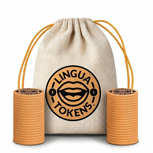 Lingua Tokens S phoneme matching set 2 stacks of 3mm thick orange tokens - cloth bag with a orange drawstring featuring a orange Lingua Tokens S circle seal on a white background.