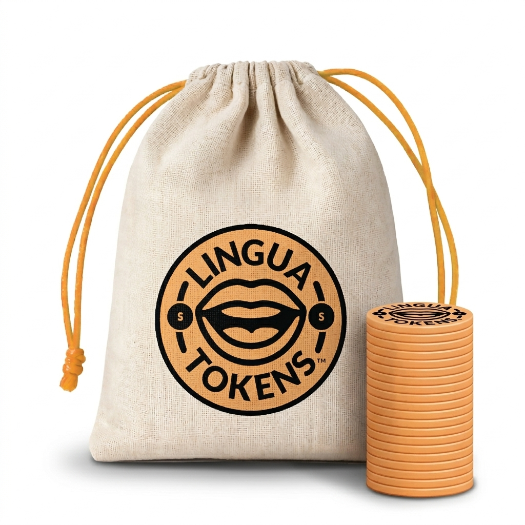 Lingua Tokens S phoneme single set 1 stack of 3mm thick orange tokens - muslin bag with a orange drawstring featuring a orange Lingua Tokens S circle seal on a white background.