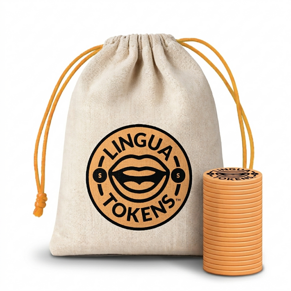 Lingua Tokens S phoneme single set 1 stack of 3mm thick orange tokens - muslin bag with a orange drawstring featuring a orange Lingua Tokens S circle seal on a white background.
