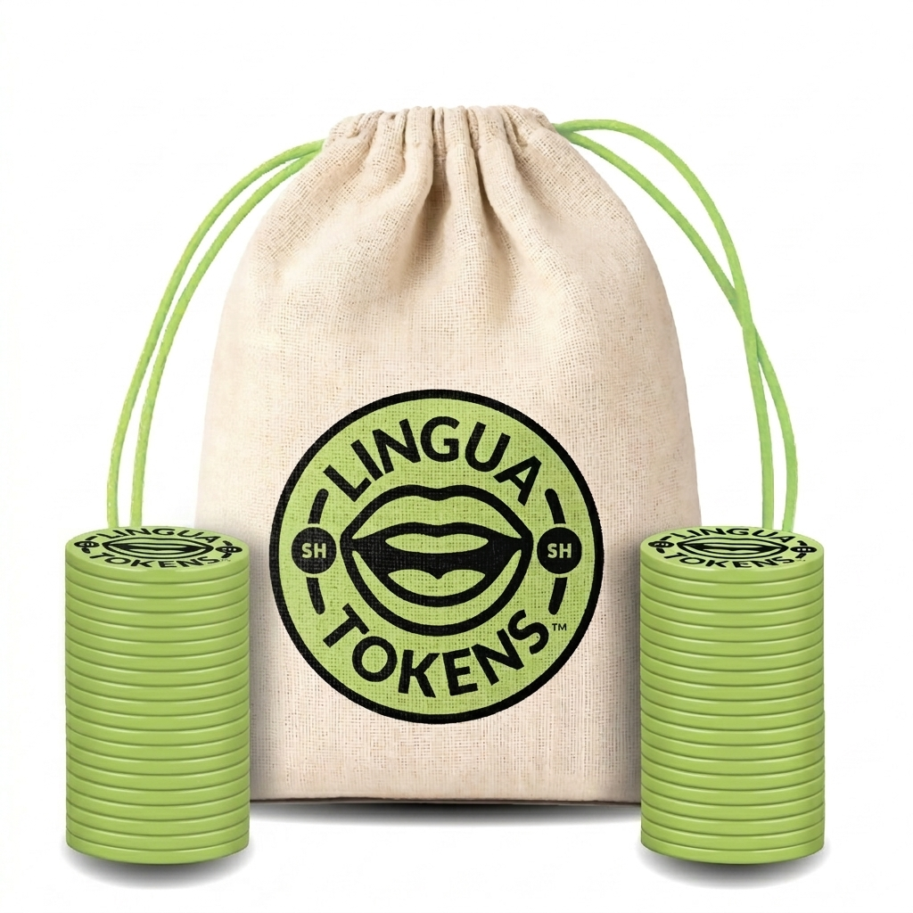 Lingua Tokens SH phoneme matching set 2 stacks of 3mm thick green tokens - muslin bag with a green drawstring featuring a green Lingua Tokens SH circle seal on a white background.