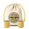 Lingua Tokens SHR phoneme matching set 2 stacks of 3mm thick yellow tokens - muslin bag with a yellow drawstring featuring a yellow Lingua Tokens SHR circle seal on a white background.