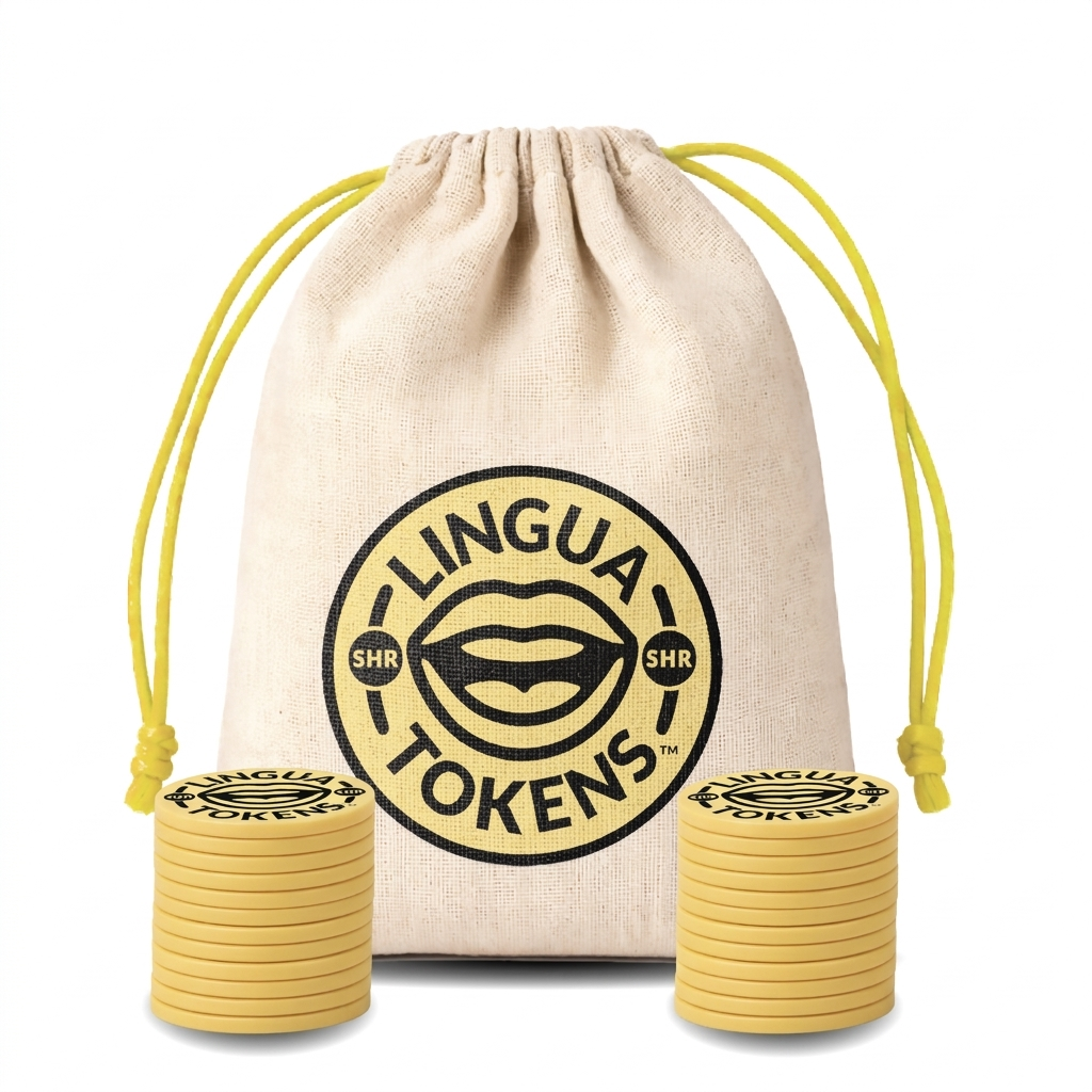 Lingua Tokens SHR phoneme matching set 2 stacks of 3mm thick yellow tokens - muslin bag with a yellow drawstring featuring a yellow Lingua Tokens SHR circle seal on a white background.