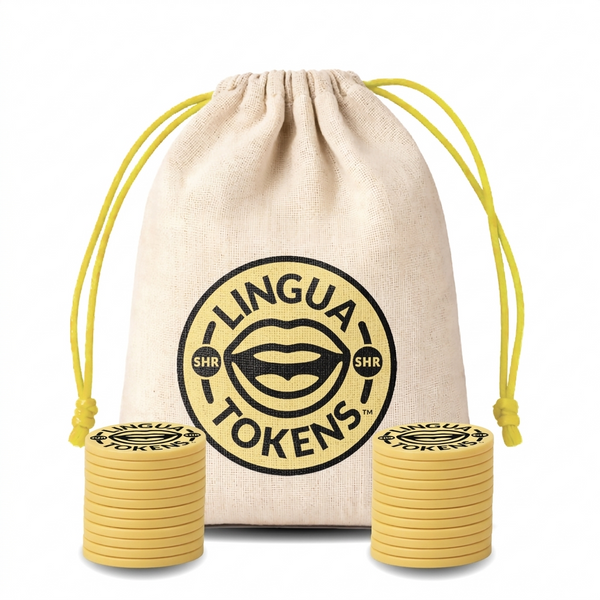 Lingua Tokens SHR phoneme matching set 2 stacks of 3mm thick yellow tokens - muslin bag with a yellow drawstring featuring a yellow Lingua Tokens SHR circle seal on a white background.