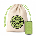 Lingua Tokens SH phoneme set 1 stack of 3mm thick green tokens - muslin bag with a green drawstring featuring a green Lingua Tokens SH circle seal on a white background.