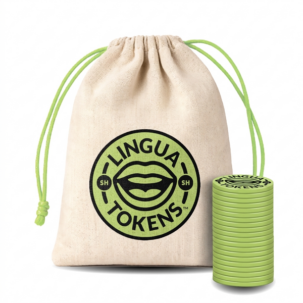 Lingua Tokens SH phoneme set 1 stack of 3mm thick green tokens - muslin bag with a green drawstring featuring a green Lingua Tokens SH circle seal on a white background.