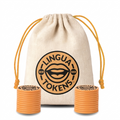 Lingua Tokens SKR phoneme matching set 2 stacks of 3mm thick orange tokens - muslin bag with a orange drawstring featuring a orange Lingua Tokens SKR circle seal on a white background.