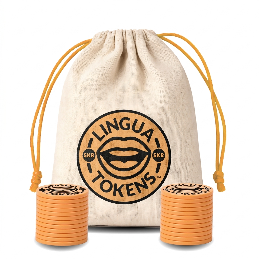 Lingua Tokens SKR phoneme matching set 2 stacks of 3mm thick orange tokens - muslin bag with a orange drawstring featuring a orange Lingua Tokens SKR circle seal on a white background.