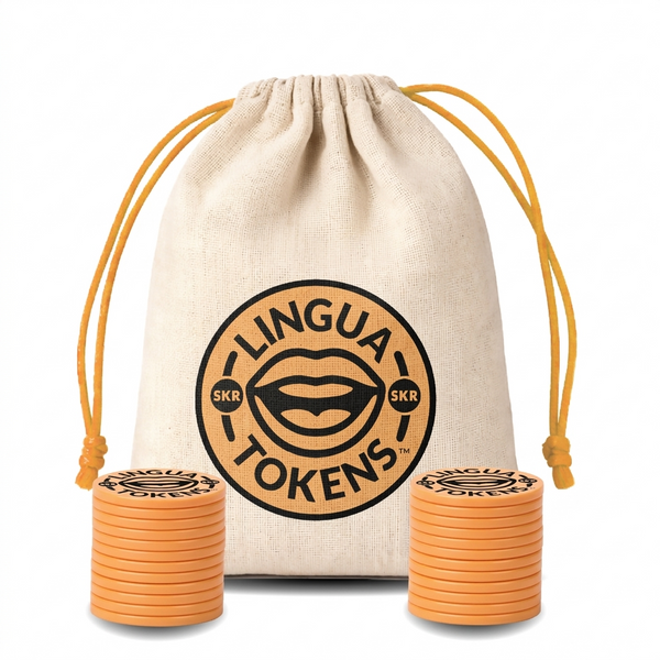 Lingua Tokens SKR phoneme matching set 2 stacks of 3mm thick orange tokens - muslin bag with a orange drawstring featuring a orange Lingua Tokens SKR circle seal on a white background.
