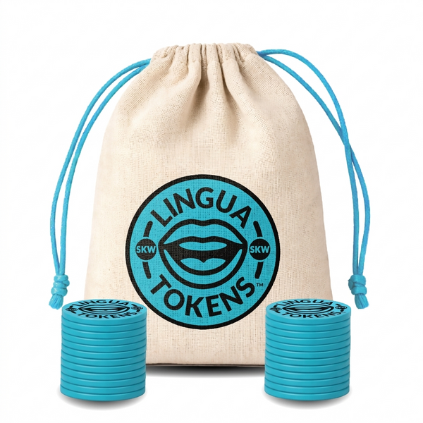 Lingua Tokens SKW phoneme matching set 2 stacks of 3mm thick blue tokens - muslin bag with a blue drawstring featuring a blue Lingua Tokens SKW circle seal on a white background.