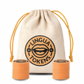 Lingua Tokens SL phoneme matching set 2 stacks of 3mm thick orange tokens - muslin bag with a orange drawstring featuring a orange Lingua Tokens SL circle seal on a white background.