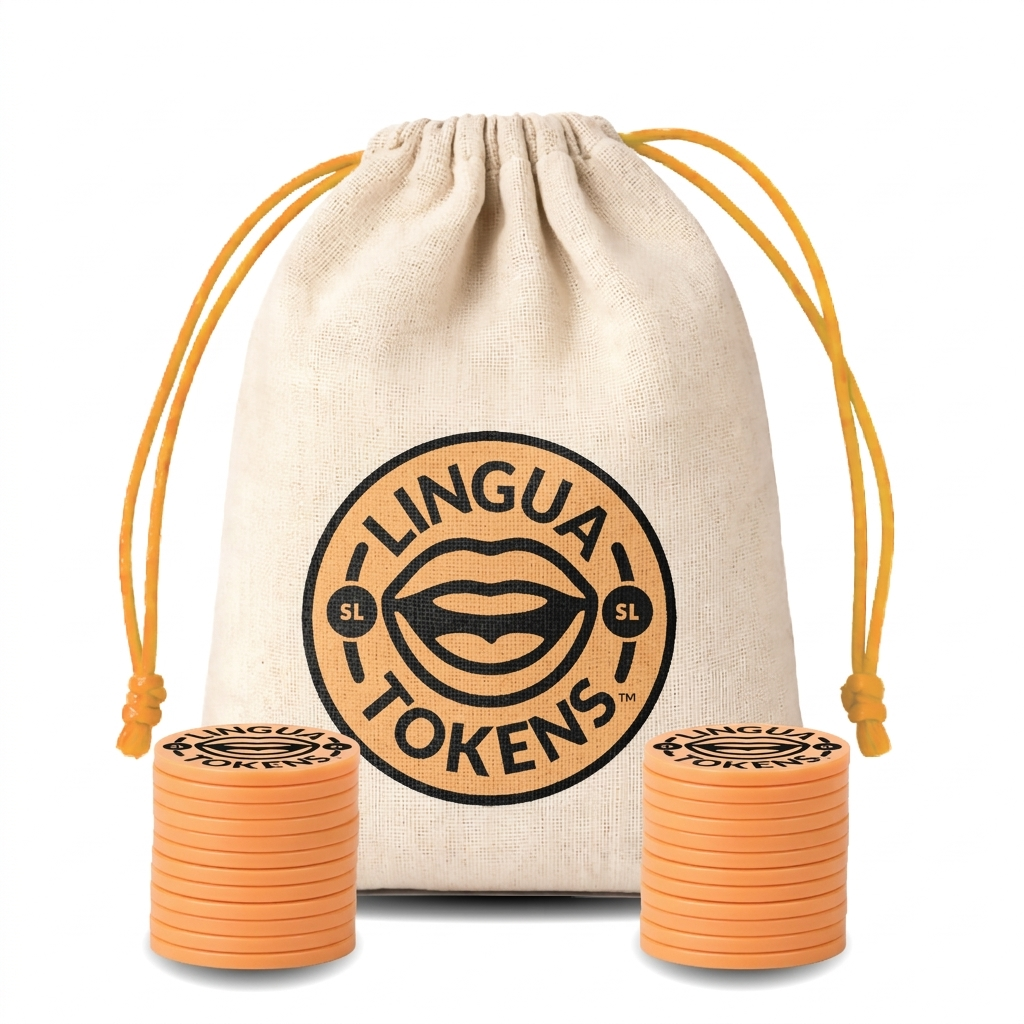 Lingua Tokens SL phoneme matching set 2 stacks of 3mm thick orange tokens - muslin bag with a orange drawstring featuring a orange Lingua Tokens SL circle seal on a white background.