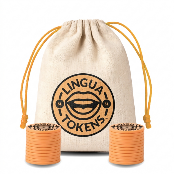Lingua Tokens SL phoneme matching set 2 stacks of 3mm thick orange tokens - muslin bag with a orange drawstring featuring a orange Lingua Tokens SL circle seal on a white background.