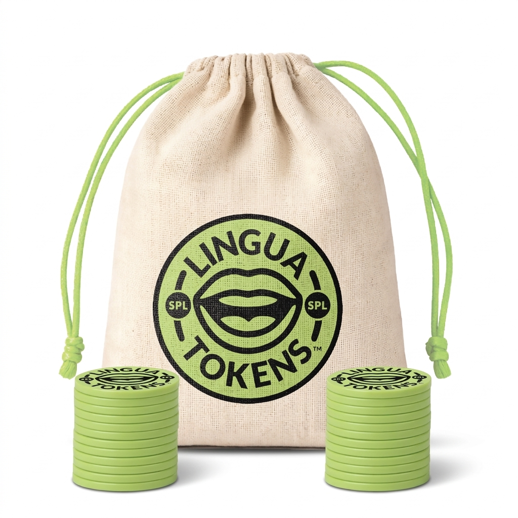 Lingua Tokens SPL phoneme matching set 2 stacks of 3mm thick green tokens - muslin bag with a green drawstring featuring a green Lingua Tokens SPL circle seal on a white background.