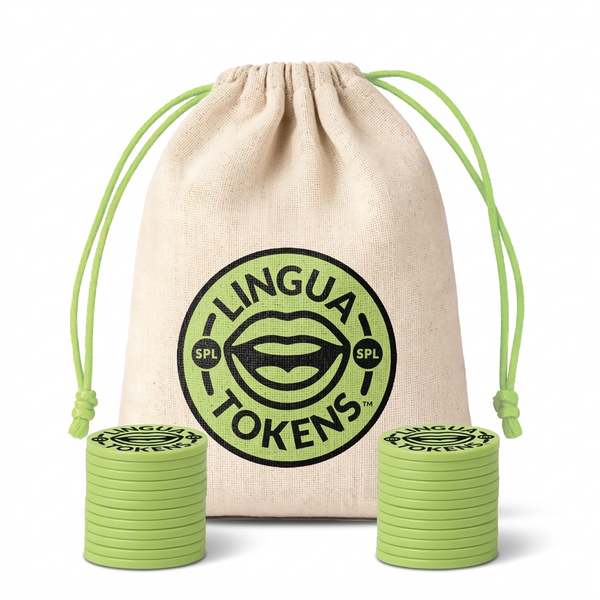 Lingua Tokens SPL phoneme matching set 2 stacks of 3mm thick green tokens - muslin bag with a green drawstring featuring a green Lingua Tokens SPL circle seal on a white background.