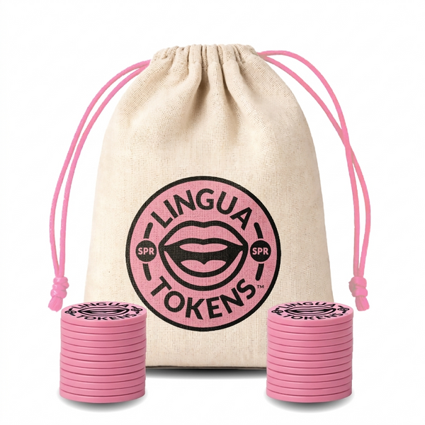 Lingua Tokens SPR phoneme matching set 2 stacks of 3mm thick pink tokens - muslin bag with a pink drawstring featuring a pink Lingua Tokens SPR circle seal on a white background.