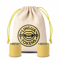 Lingua Tokens STR phoneme matching set 2 stacks of 3mm thick yellow tokens - muslin bag with a yellow drawstring featuring a yellow Lingua Tokens STR circle seal on a white background.