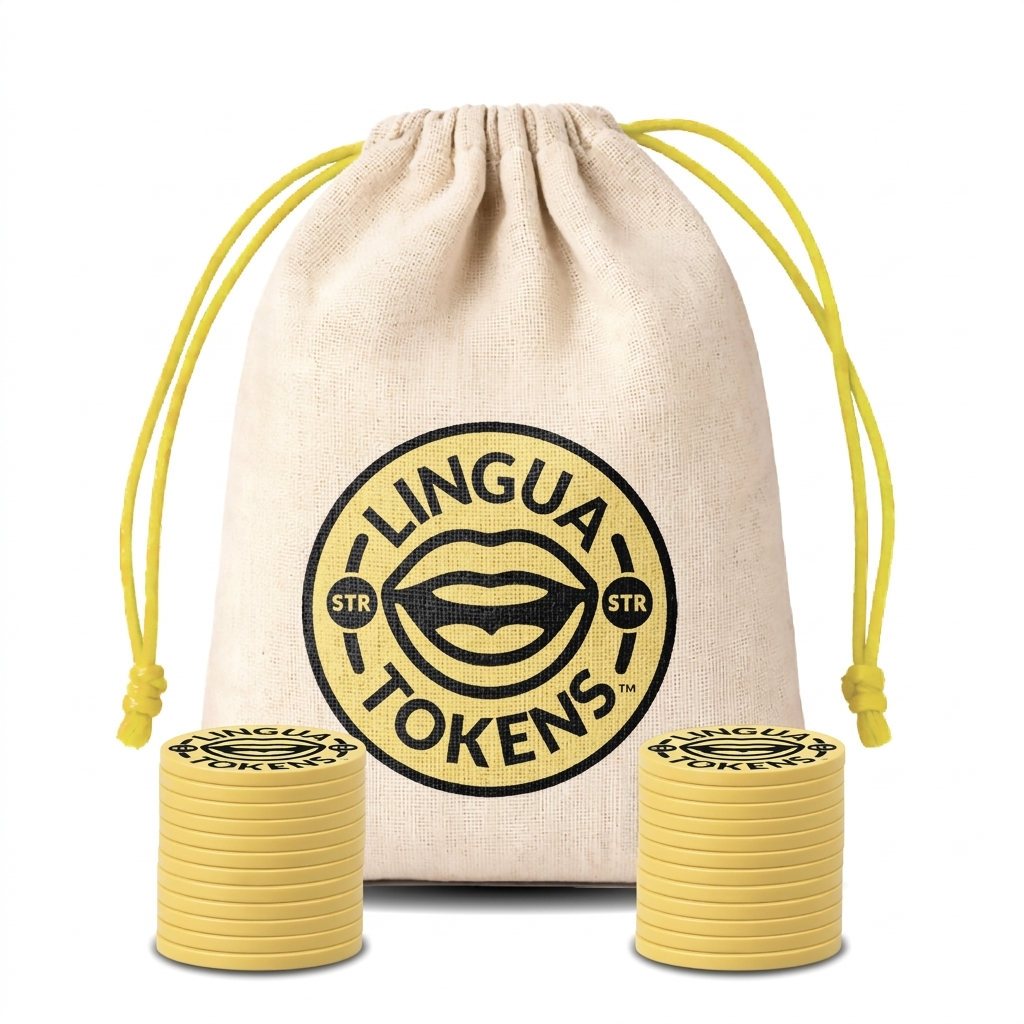 Lingua Tokens STR phoneme matching set 2 stacks of 3mm thick yellow tokens - muslin bag with a yellow drawstring featuring a yellow Lingua Tokens STR circle seal on a white background.