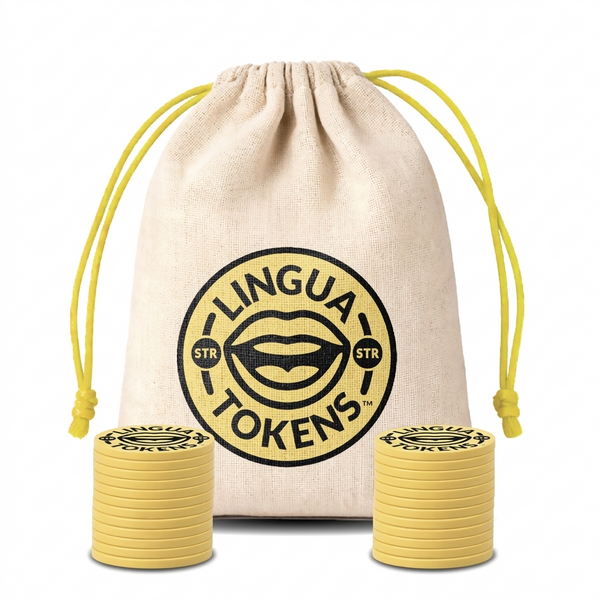 Lingua Tokens STR phoneme matching set 2 stacks of 3mm thick yellow tokens - muslin bag with a yellow drawstring featuring a yellow Lingua Tokens STR circle seal on a white background.
