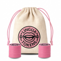 Lingua Tokens THR phoneme matching set 2 stacks of 3mm thick pink tokens - muslin bag with a pink drawstring featuring a pink Lingua Tokens THR circle seal on a white background.
