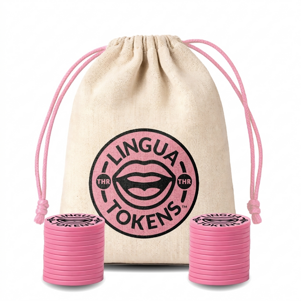 Lingua Tokens THR phoneme matching set 2 stacks of 3mm thick pink tokens - muslin bag with a pink drawstring featuring a pink Lingua Tokens THR circle seal on a white background.