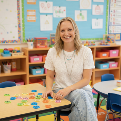 Portrait of Lisa Acosta, MA, CCC-SLP in a colorful classroom with lingua tokens on the table